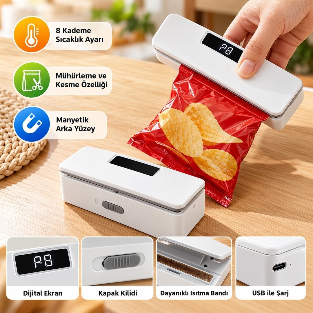Sunup SN 38943 USB Şarjlı Dijital Ekranlı Ambalaj Poşet Kapatma Makinesi
