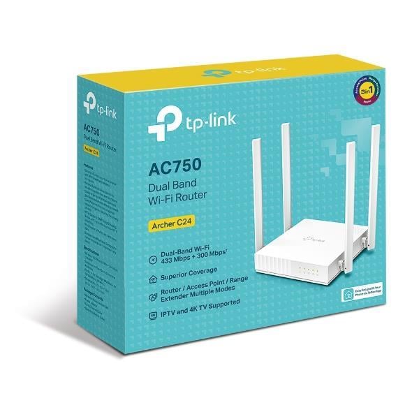 TP-LINK ARCHER C24 4 Port 10/100Mbps AC750 4 Anten Masaüstü Dual-Band Wi-Fi Router