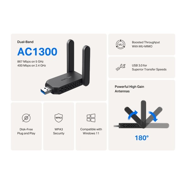 TP-LINK MERCUSYS MA32H 400+867 Mbps USB 2 Anten Kablosuz Adaptör
