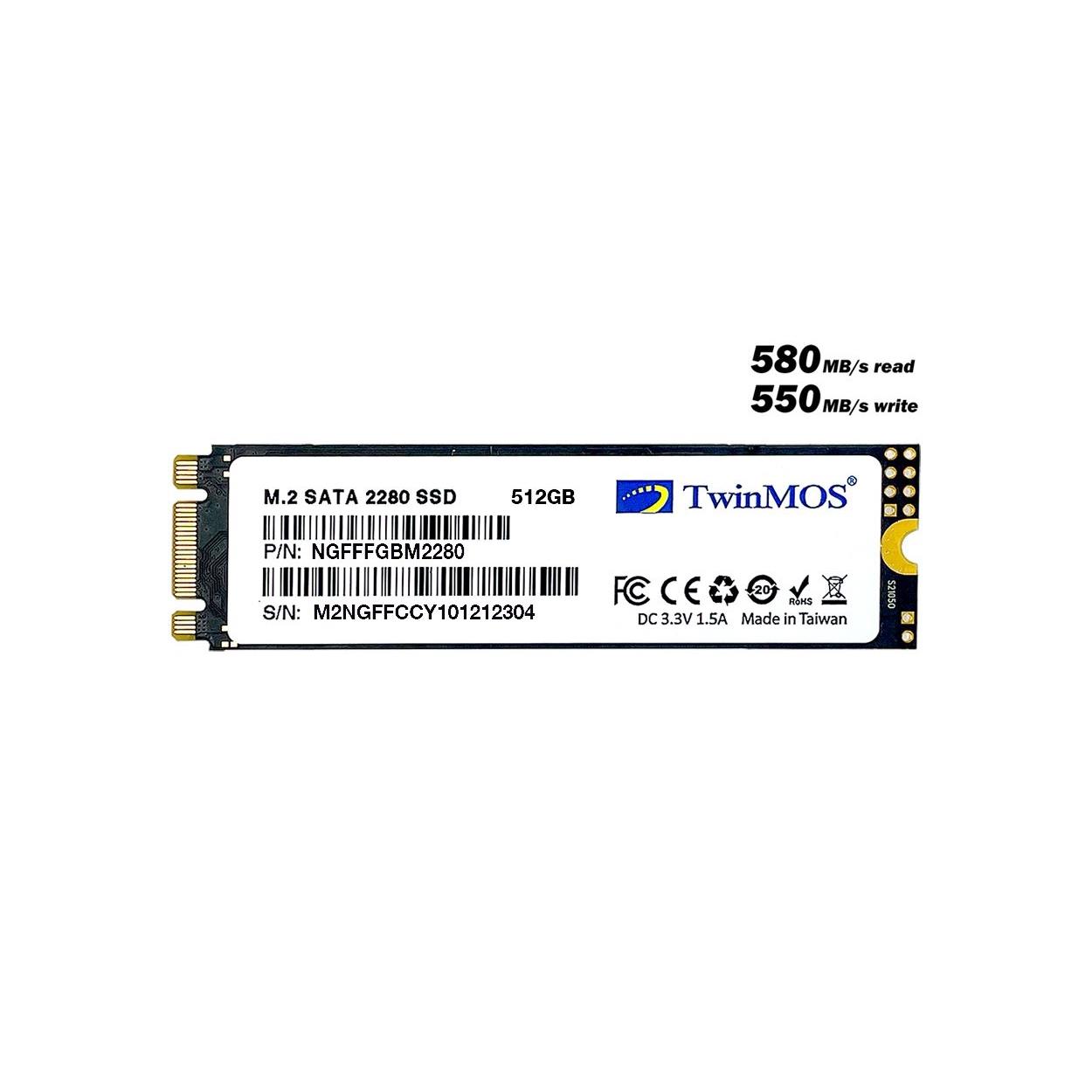 TWINMOS 512GB 580/550MB/s 4mm M.2 2280 SATA 3.0 SSD NGFFFGBM2280 3D-NAND