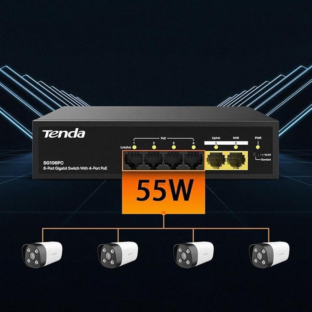 Tenda S106PC 6-Portlu 10/100 Mbps Lite PoE Uplink Switch (4 Port PoE Destekli 55W Toplam Güç)