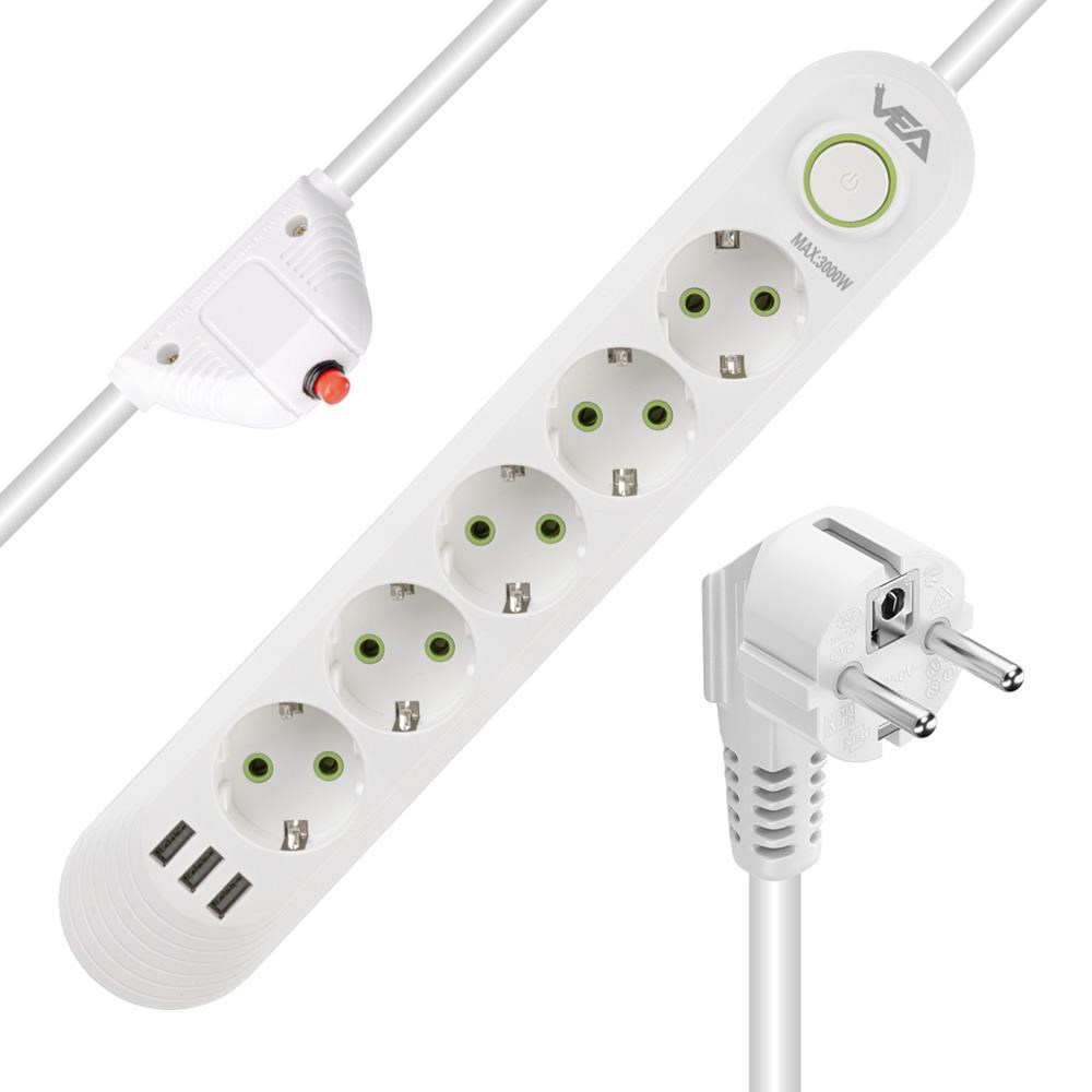 VEA VA-21562 5'Lİ 1.5 METRE KABLOLU 3 USB'Lİ BEYAZ AKIM KORUMALI PRİZ 21562