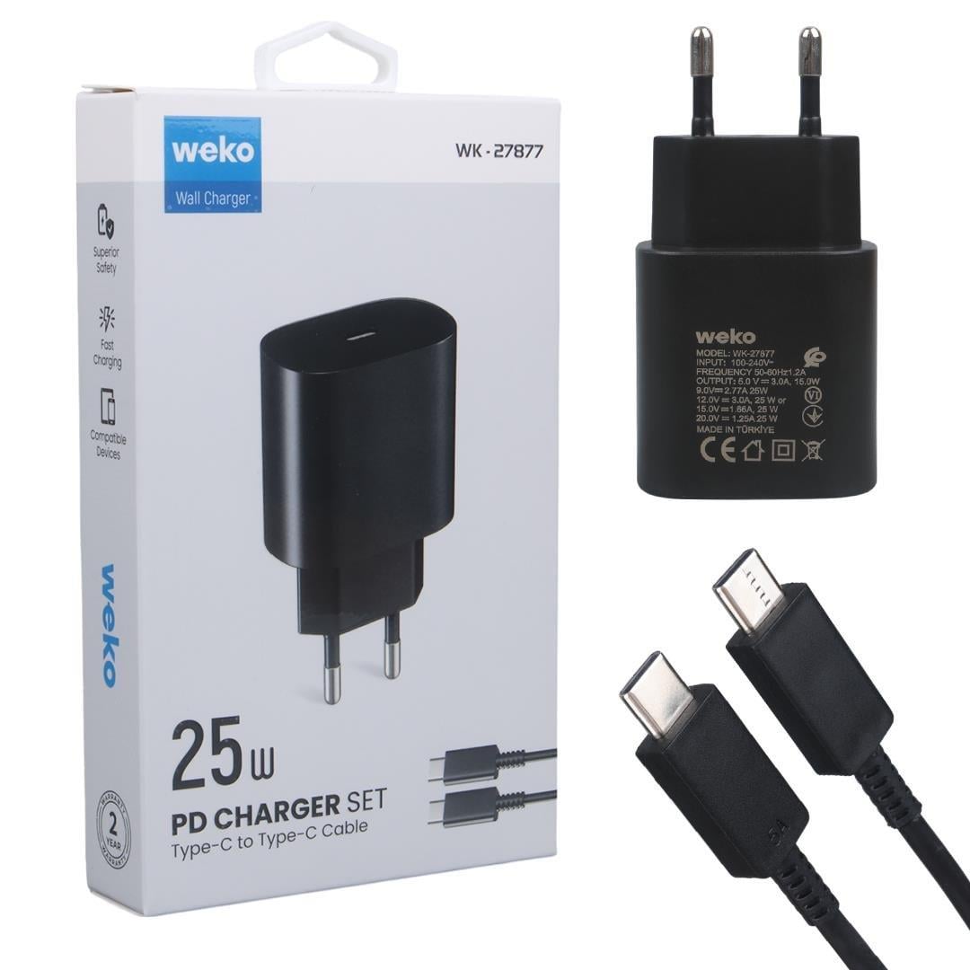 Weko WK-27877 Note10 Siyah 25 Watt Şarj Başlık Adaptörü + Type-C To Type-C Kablo