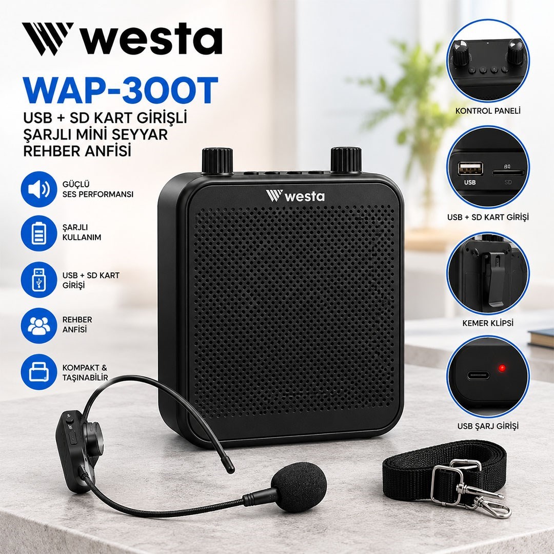 Westa WAP-300T USB + SD Kart Girişli Şarjlı Mini Seyyar Kablosuz Mikrofonlu Rehber Anfisi