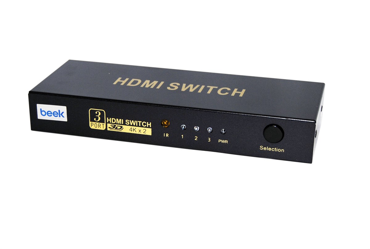 Beek 3 Port Ultra HD 4K HDMI Switch, 3 giriş - 1 çıkış, uzaktan kumandalı, 4K2K, 3D görüntü formatlarını destekler, HDMI 2.0, HDCP 2.3 uyumlu<br>
Beek UHD 4K HDMI Switch 3 Ports, IR remote control, 4K2K, 3D, HDMI 2.0, HDCP 2.3 compliant