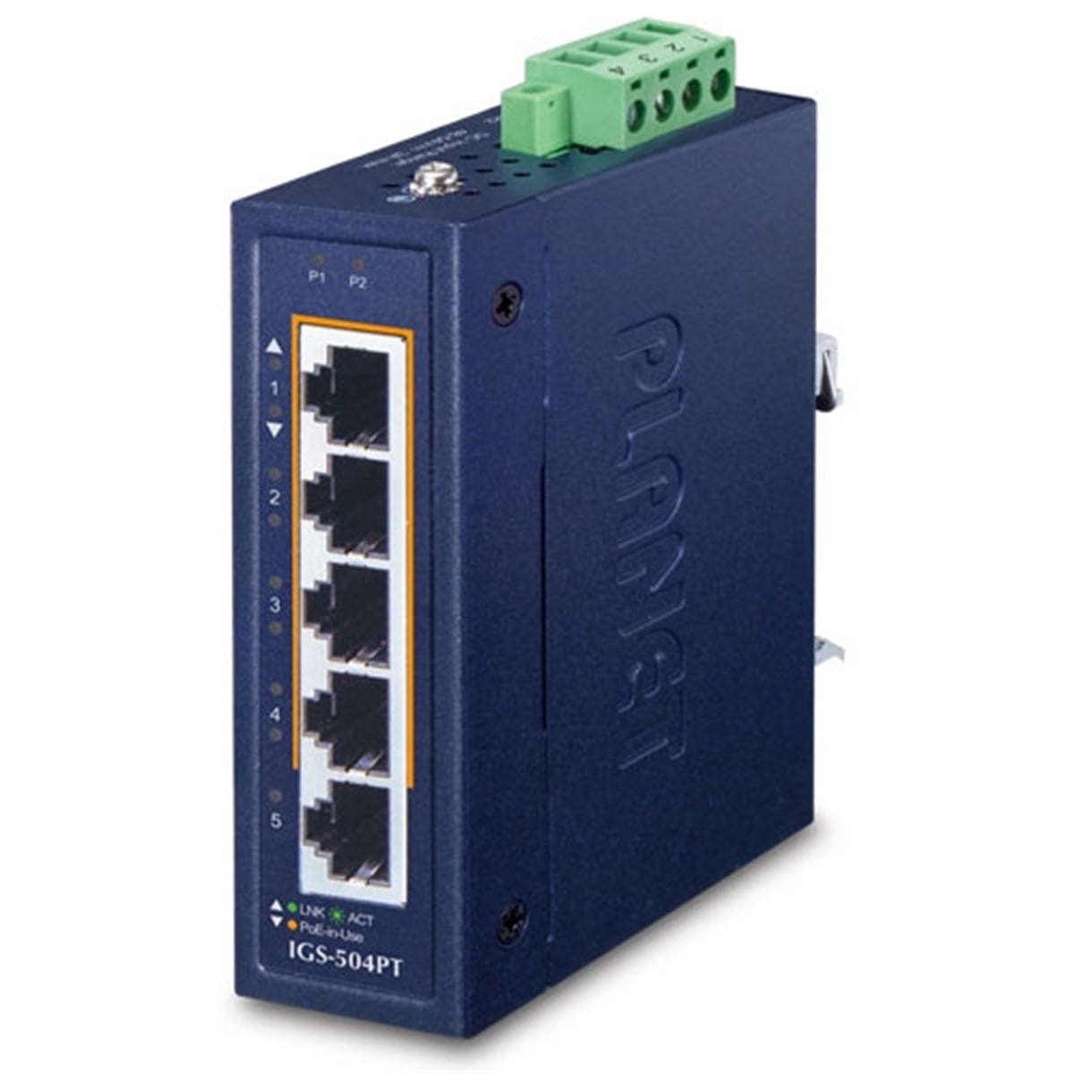 Kompakt Endüstriyel Ethernet Switch (Compact Industrial Ethernet Switch)<br>
4-Port 10/100/1000T 802.3at PoE +<br>
1-Port 10/100/1000T<br>
-40~75 derece C