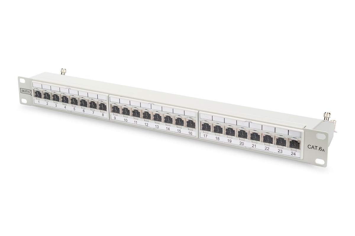 Digitus 19 Inch 24 Port Cat-6a EA Sınıfı FTP Patch Panel, Zırhlı, 1U, tozdan korumak için kapaklı, 8P8C, gri RAL 7035 renk