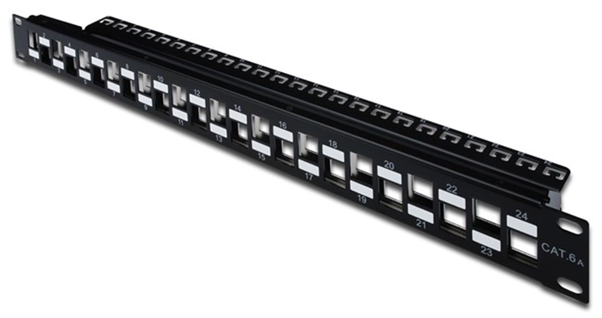 Digitus 24 Port Boş Patch Panel, Zırhlı/Zırhsız Keystone Jack Takılabilir, 1U Yüksekliğinde, Port'ların Yerleşimi Zikzaklı, RAL 9005 renk