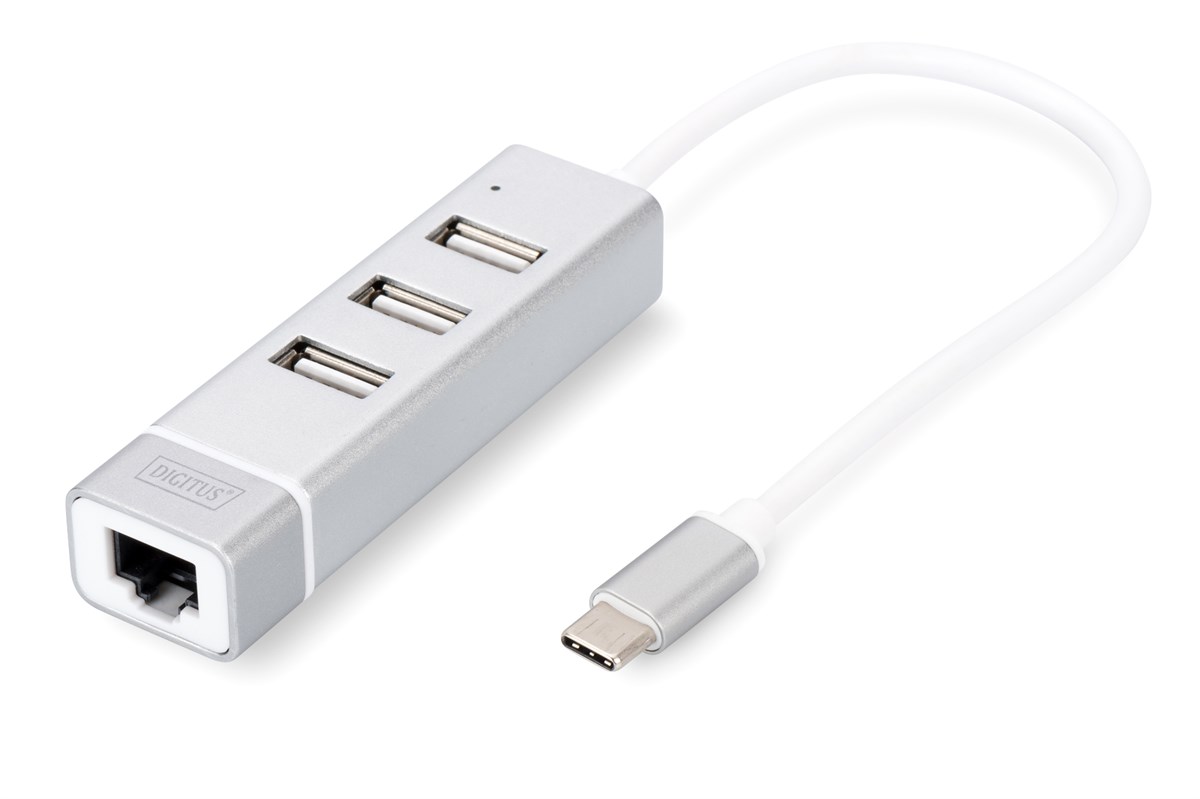 Digitus 3 port USB Tip C Hub & Fast Ethernet LAN Adaptörü, 3 x USB A/Diş (USB 2.0), 1 x RJ45 Dişi (10/100), 1 x USB Tip C (bilgisayar bağlantısı), alüminyum<br>
Digitus USB Type-C™ 3-Port Hub + Fast Ethernet LAN Adapter