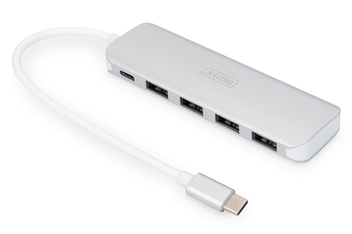 Digitus 4 Port USB 3.0 Hub, 4 x USB 3.0 USB-A Dişi Konnektör (USB çevre ürünü), 1 x USB Tip C PD (Power Delivery) port, 1 x USB Tip C erkek port (bilgisayar bağlantısı için), alüminyum, Mac ve Windows destekler