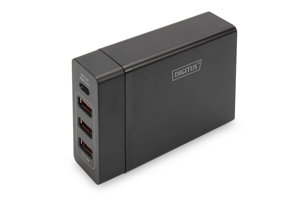Digitus 4-Port USB Charger, 72W, 1xUSB-C (Power Delivery), 5,9,15,20V/3A, 3x USB-A 5V/2.4A, black 