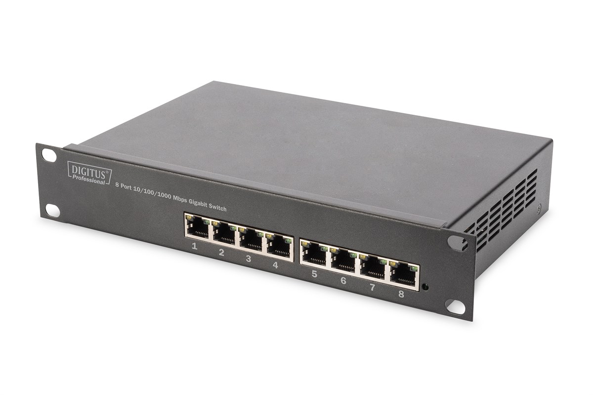 Digitus Yönetilemeyen 8 port 1000Base-T Gigabit Switch, Masaüstü Tip, 10-Inch Duvar Kabinetleri için uygun<br>
Digitus 8-port Gigabit Ethernet Unmanaged Switch for use in 10-Inch Wall Cabinets
