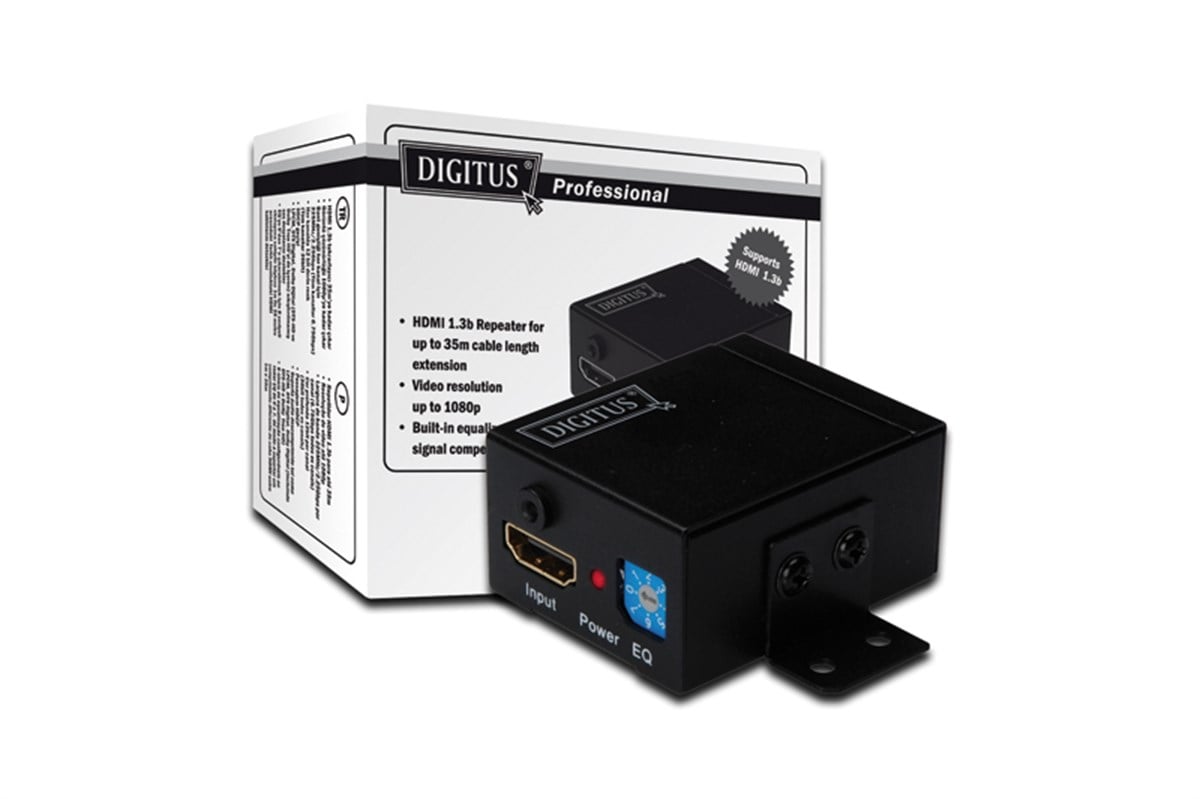 Digitus HDMI Sinyal Tekrarlayıcısı (HDMI Repeater), Çözünürlük: 1080p, Bantgenişliği: 2.25Gbps/225MHz, Kabine Monte Edilebilir, 40 metre<br>
Digitus HDMI Repeater