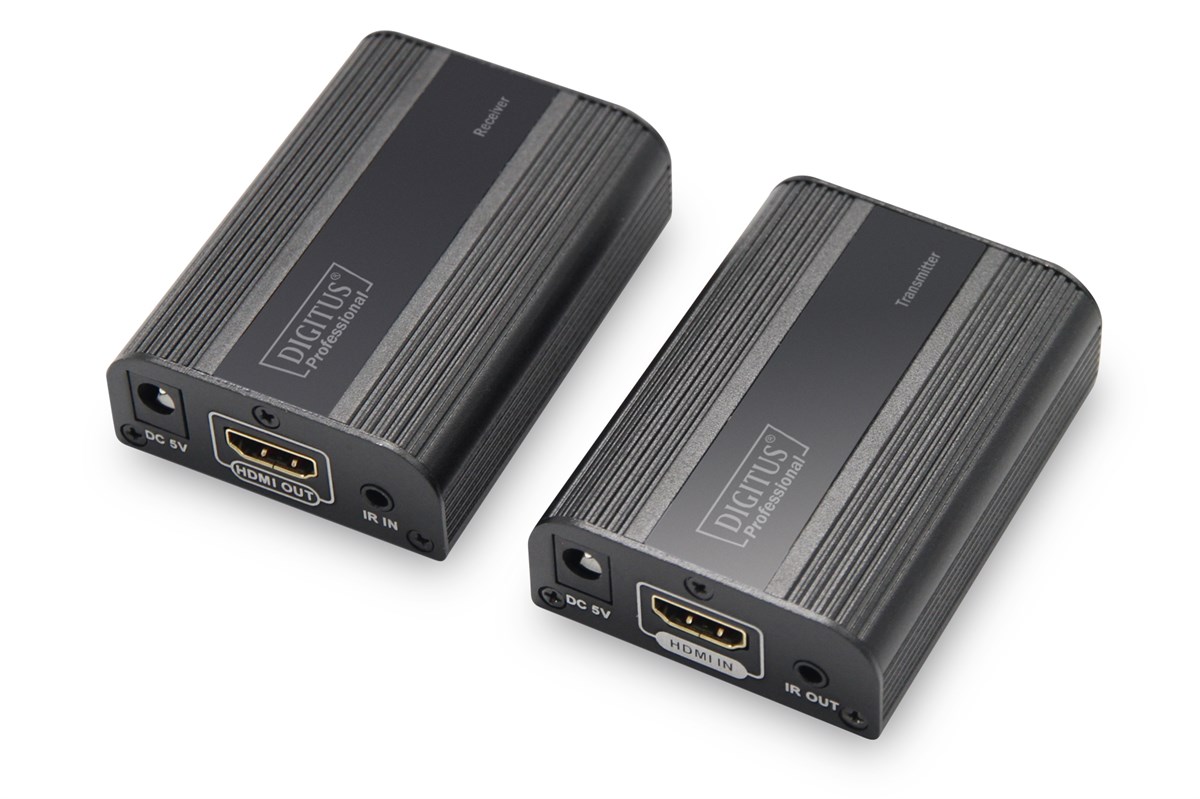 Digitus HDMI Sinyal Uzatma Cihazı, 1 x Alıcı (Receiver), 1 x Verici (Transmitter) Birim dahil, maksimum 60 metre, UHD 4K2K/60 Hz, HDMI 2.0, HDCP 2.2<br>
Digitus 4K HDMI 2.0 Extender Set, UHD 4K/60 Hz 70 m via CAT6 or higher