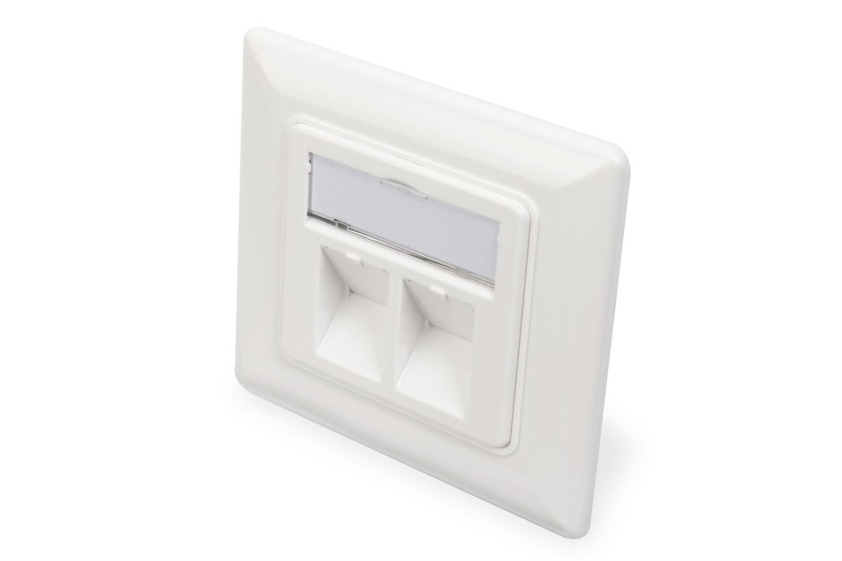 Digitus Keystone Jack Takmak İçin 2’li Priz (50/50 mm) Çerçevesi (80/80 mm), tozdan korumak amacıyla kapaklı