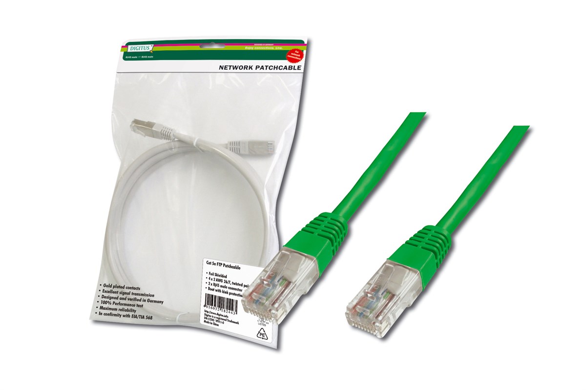 Digitus Patch Kablo, UTP, CAT. 5E, 1 metre, AWG 26/7, Yeşil Renk, 3P sertifikalı