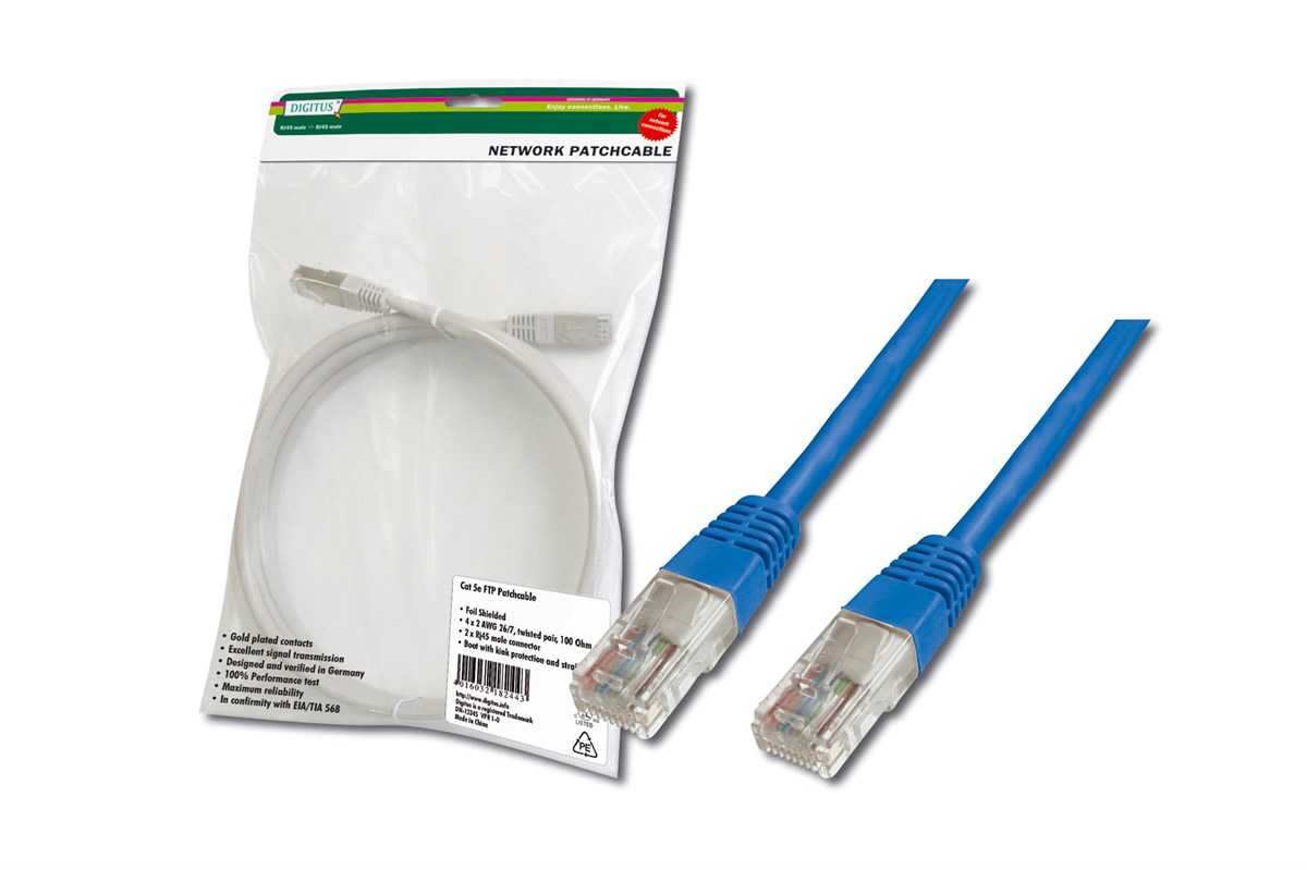 Digitus Patch Kablo, UTP, CAT. 5E, 1 metre, AWG 26/7, Mavi Renk, 3P sertifikalı
