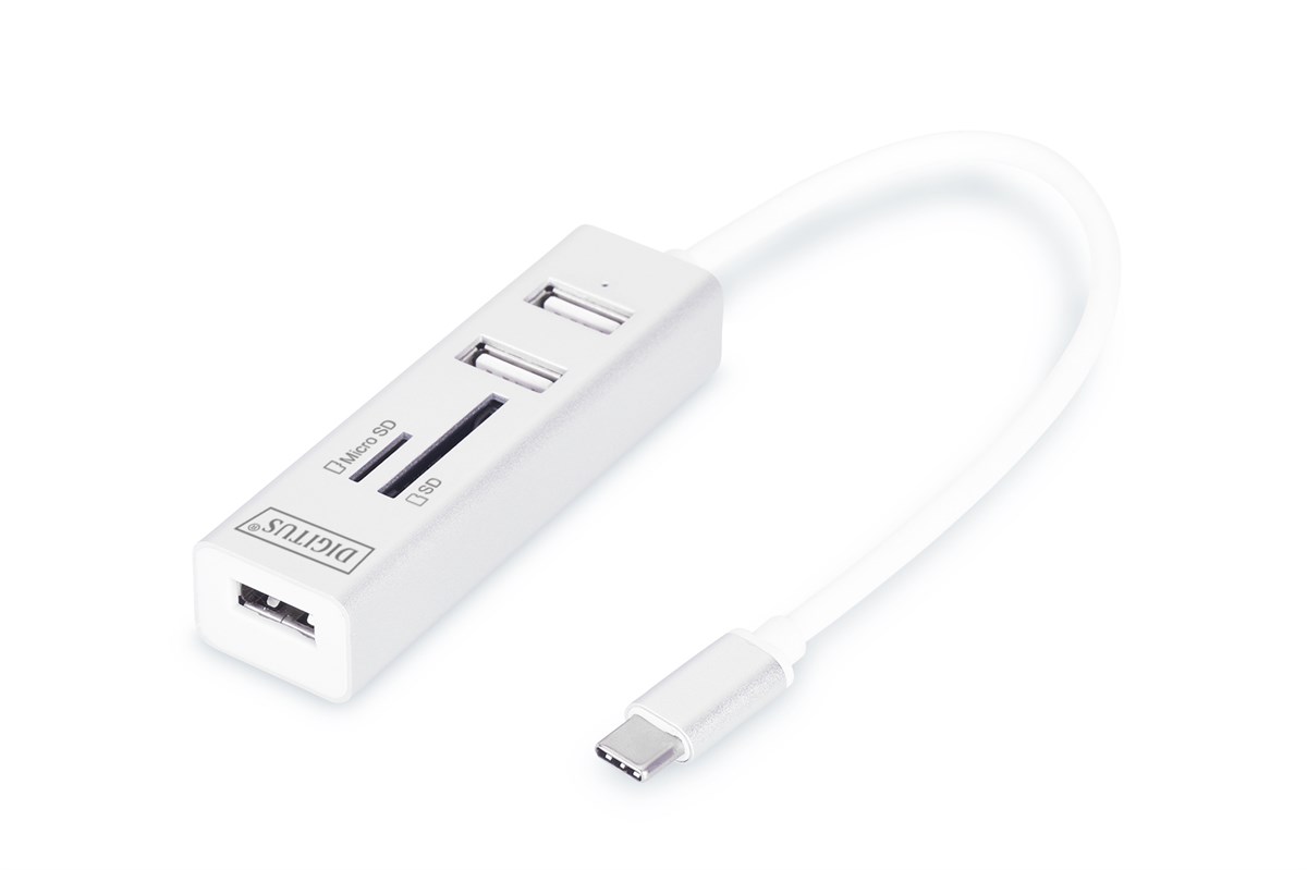 Digitus USB 2.0 Tip C 3 Port Hub, Kart Okuyucu, 3 x USB 2.0. 1 x SD, 1 x MicroSD kart yuvası, alüminyum