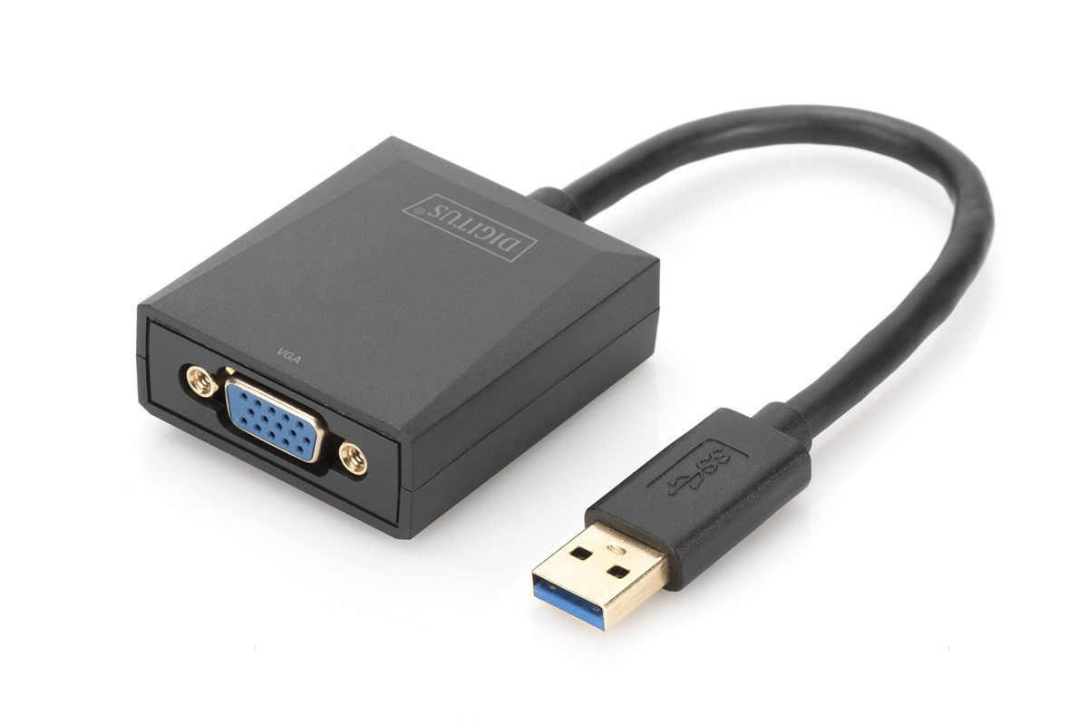 Digitus USB 3.0 <-> VGA Grafik Adaptörü<br>
Giriş: 1 x USB 3.0 USB-A erkek<br>
Çıkış:  1 x VGA (HD15) dişi (Full HD, 1080p)<br>
Plastik
