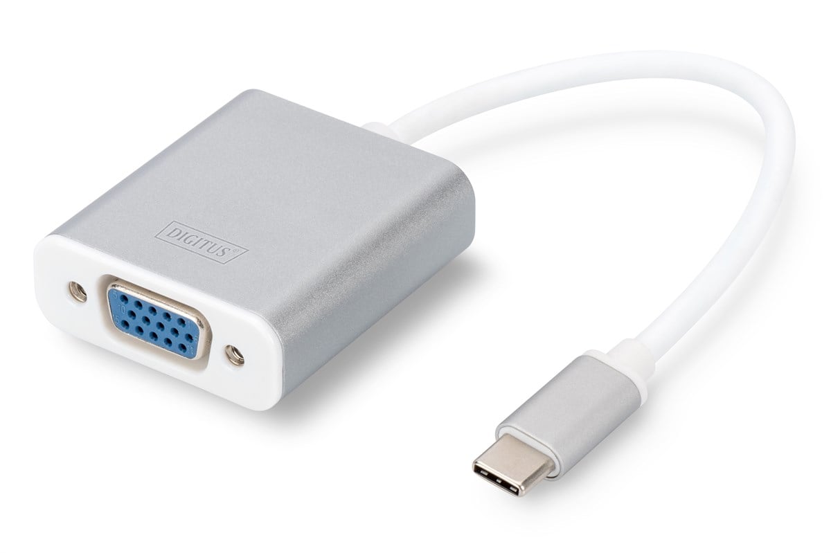 Digitus USB 3.0 (USB Tip C) <-> VGA Grafik Adaptörü<br>
Giriş: 1 x USB Tip C erkek (bilgisayar bağlantısı) <br>
Çıkış: 1 x VGA (HD15) dişi (Full HD) <br>
Alüminyum<br>
Digitus USB Type-C 1080p VGA Adapter, 20 cm cable length 