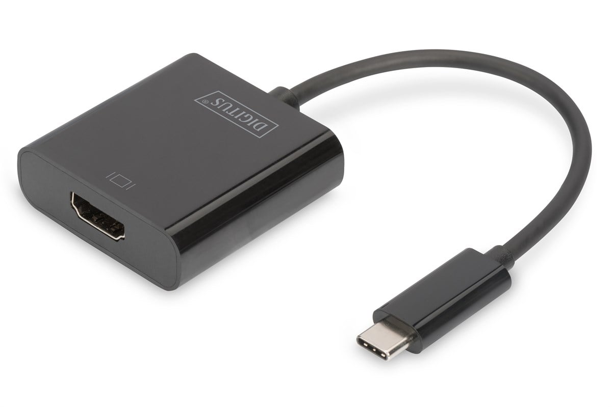 Digitus USB 3.1 (Gen. 1) (USB Tip C) <-> HDMI Grafik Adaptörü<br>
Giriş: 1 x USB Tip C erkek (bilgisayar bağlantısı için)<br>
Çıkış: 1 x HDMI A (19 pin) dişi (Ultra HD, 4K, 3840 x 2160p@30Hz)<br>
Plastik