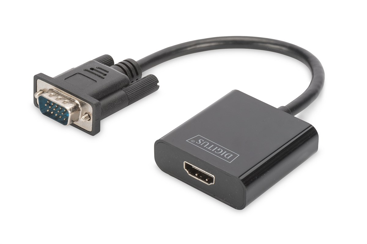 Digitus VGA <-> HDMI Çevirici + Ses (3.5mm), Full HD (1080p), Kablolu, 15 cm, Siyah Renk