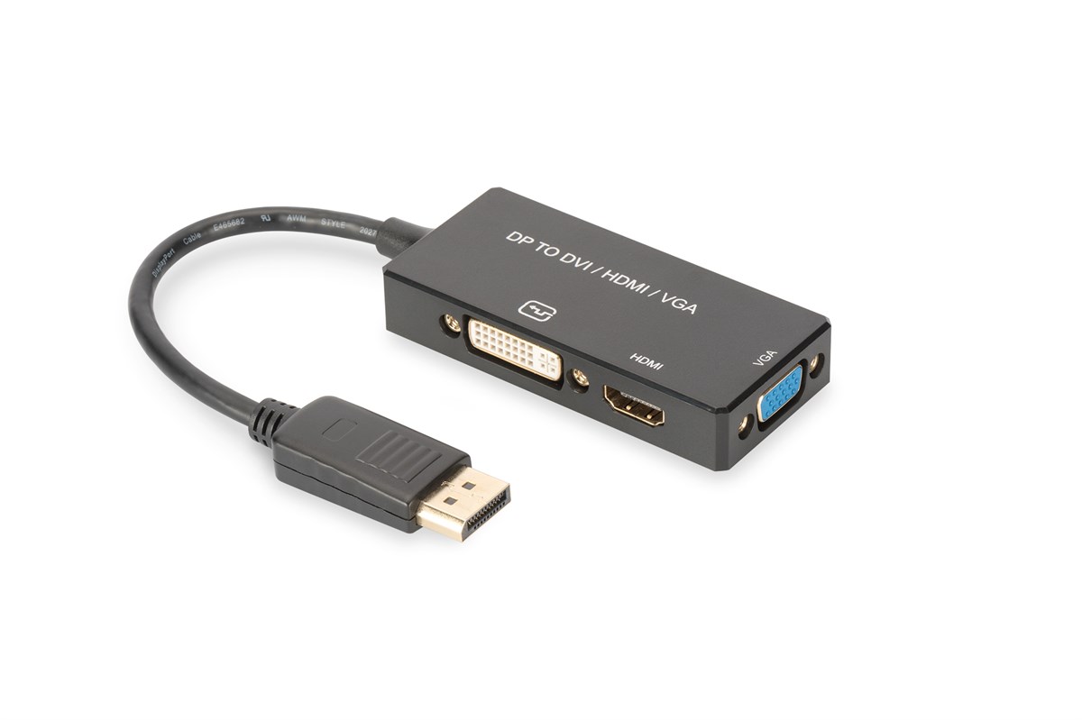 DisplayPort (DP) Çeviricisi/3 in 1 Multi-Media Kablosu<br>
Kablolu, 0.20 metre<br>
DP Erkek <-> HDMI Dişi + DVI Dişi + VGA Dişi<br>
Siyah renk, altın kaplama