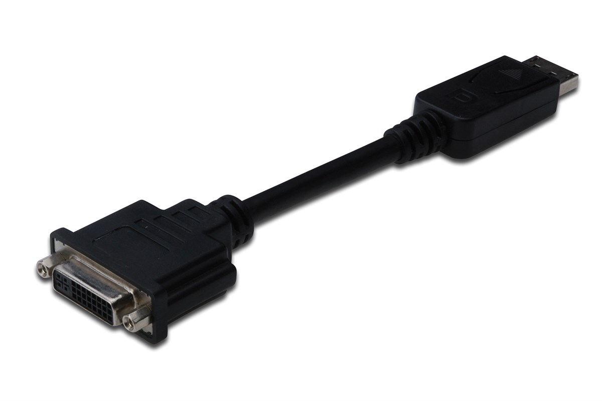Digitus DisplayPort (DP) <-> DVI-I Adaptörü, Kablolu, DP Erkek - DVI-I (24+5) Dişi, 0.15 metre, kilit mekanizmalı, DP 1.2 uyumlu, 2x zırhlı, UL, nikel kaplama, siyah renk