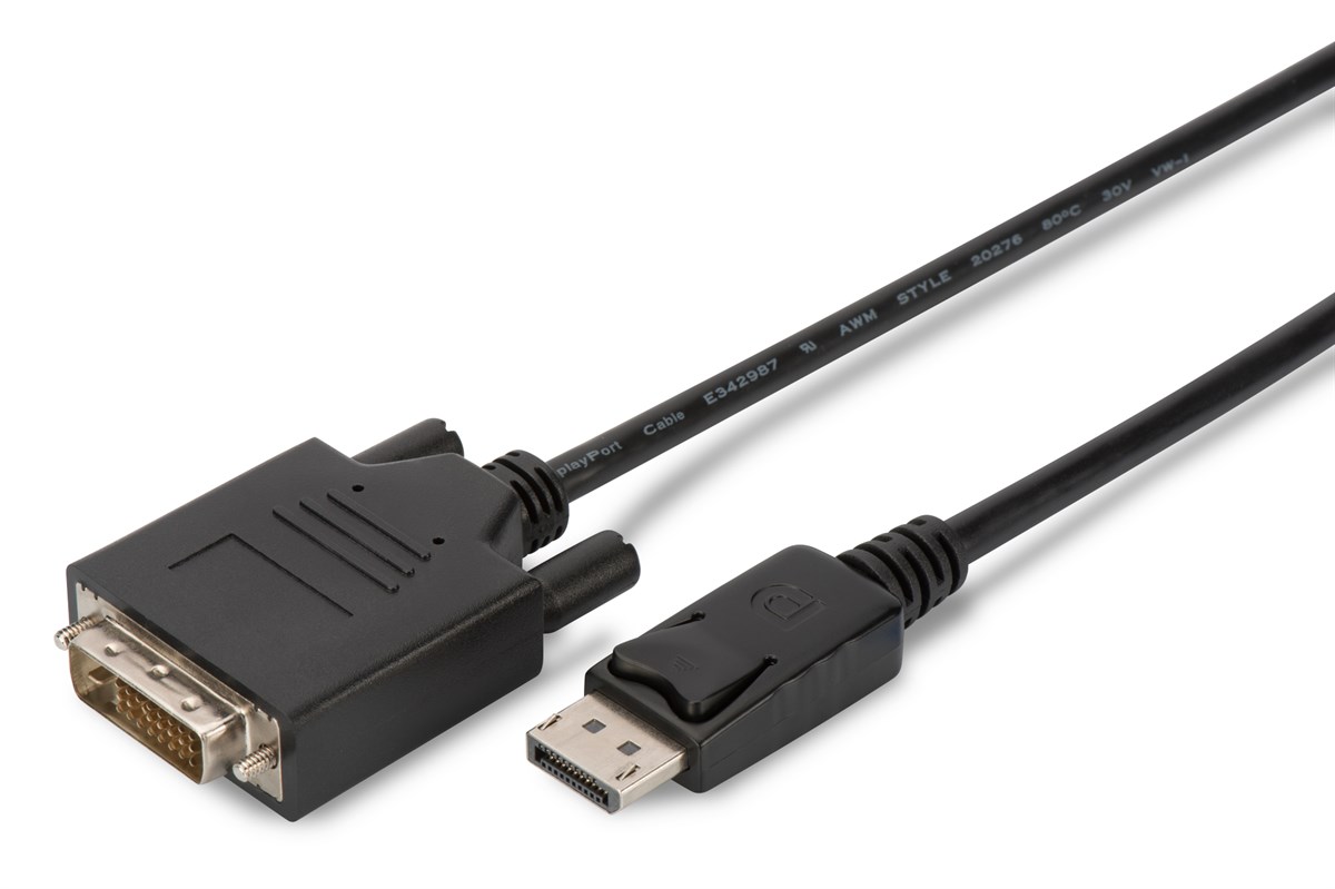 DisplayPort (DP) <-> DVI Kablosu, DP Erkek - DVI (24+1) Erkek, 2 metre, kilit mekanizmalı,   AWG28, 2x zırhlı, DP 1.1a uyumlu, UL, CE, siyah renk