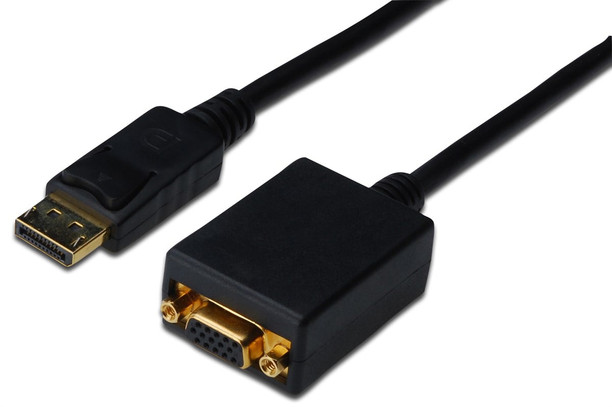 Digitus DisplayPort adaptör kablosu, DP - HD15 St/Bu, 0,15 m, m/kilitleme DP 1.2 uyumlu, CE, Siyah renk