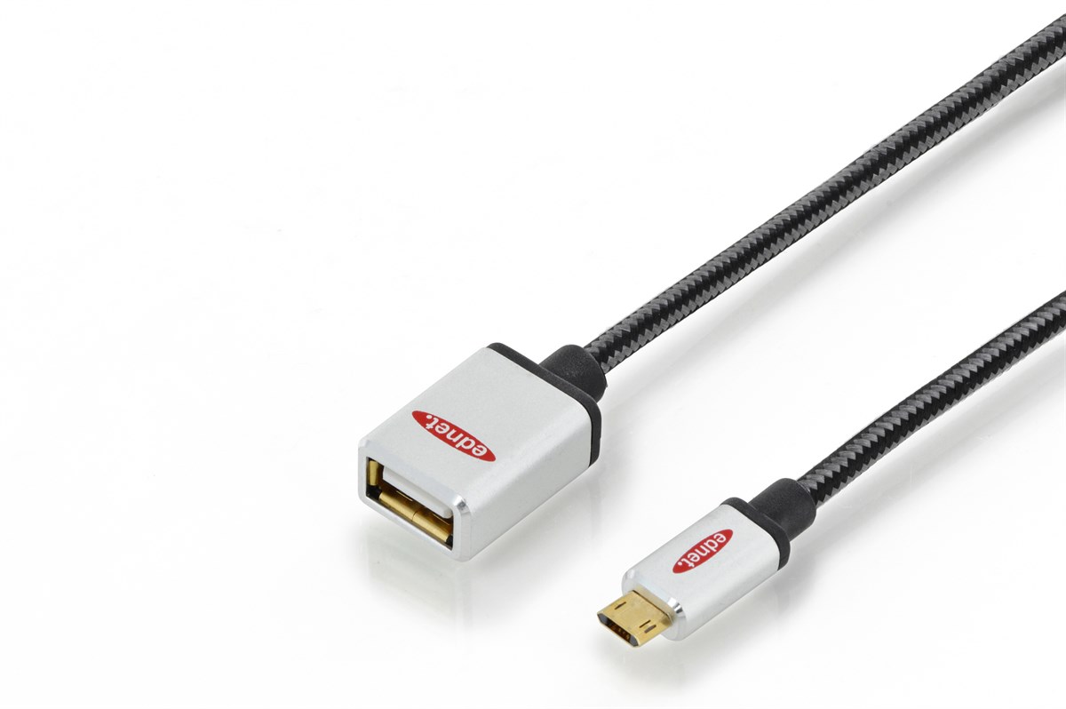 ednet Premium micro USB 2.0 Adaptör Kablosu, USB A Dişi <-> Micro USB B Erkek, On-The-Go (OTG), 180 derece ters yüz çevirerek takılabilir, 0.30 metre