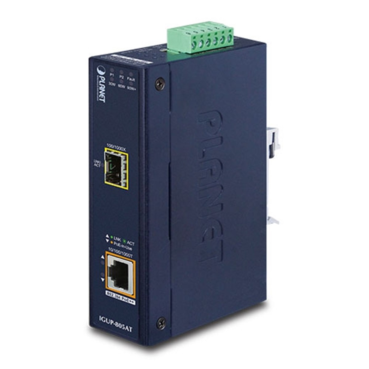 Endüstriyel 1-Port 100/1000X SFP <-> 1-Port 10/100/1000T 802.3bt PoE++ Media Converter<br>
Industrial 1-Port 100/1000X SFP to 1-Port 10/100/1000T 802.3bt PoE++ Media Converter