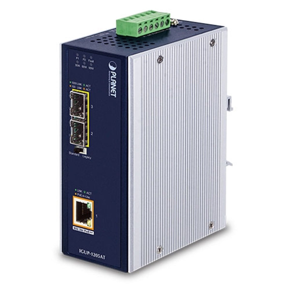 Endüstriyel 2-Port 100/1000X SFP <-> 1-Port 10/100/1000T 802.3bt PoE++ Media Converter<br>
Industrial 2-Port 100/1000X SFP to 1-Port 10/100/1000T 802.3bt PoE++ Media Converter