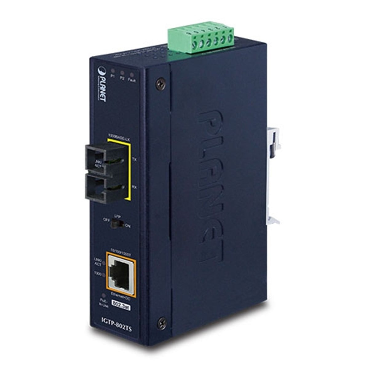 Endüstriyel Media Converter<br>
1000BASE-LX (SC,SM) <-> 10/100/1000BASE-T 802.3at PoE+<br>
10km<br>
1000BASE-LX to 10/100/1000BASE-T 802.3at PoE+ Industrial Media Converter (SC,SM) -10km