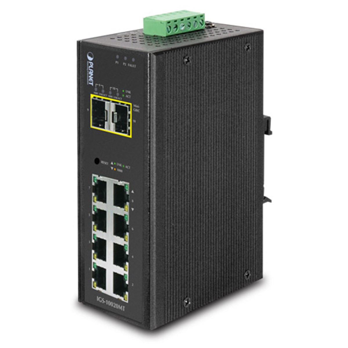 Endüstriyel Tip Yönetilebilir Switch (Industrial Managed Switch)<br>
8-Port 10/100/1000Base-T<br>  
2 x 1000BASE-SX/LX/BX SFP/mini-GBIC yuva (Port-9 ve Port-10), 100Base-FX SFP uyumlu<br>
IP30, -40~75 Derece C