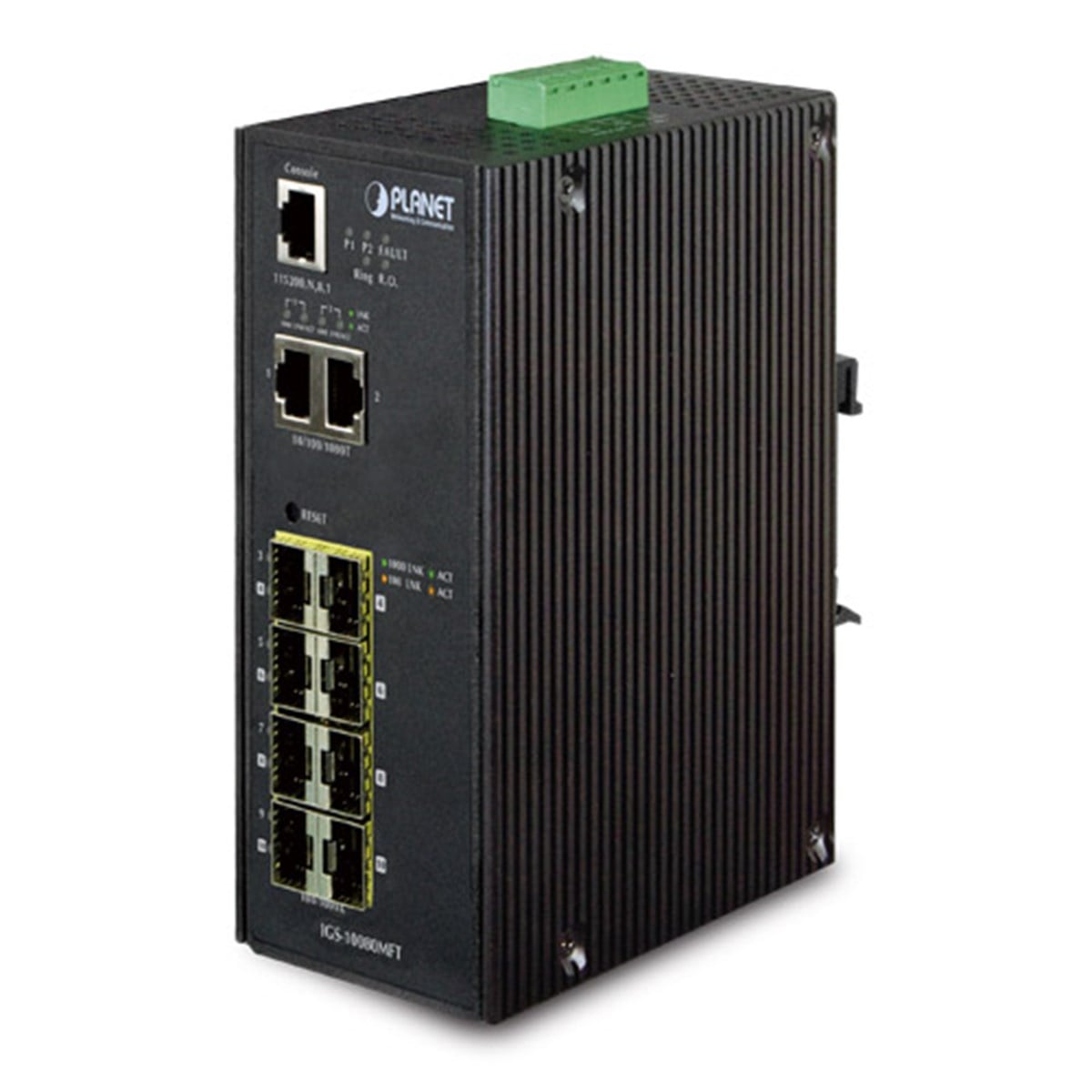 Endüstriyel Tip Yönetilebilir Switch (Industrial Managed Switch)<br>
8 x 100/1000Base-SX/LX mini-GBIC yuva<br>
2-Port 10/100/1000T<br>
IP30, -40~75 Derece C