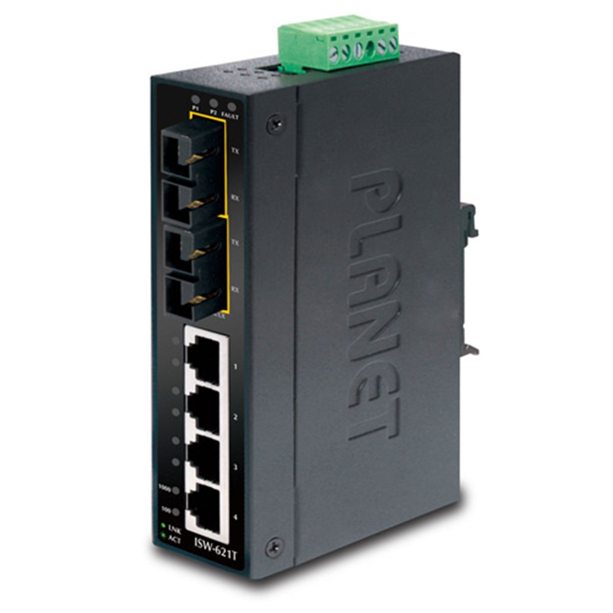 Endüstriyel Tip Yönetilemeyen Ethernet Switch (Industrial Unmanaged Ethernet Switch)<br>
4-Port 10/100Base-TX <br>
2-Port 100Base-FX Multi-mode SC 2 km<br>
IP30, 40~75 Derece C