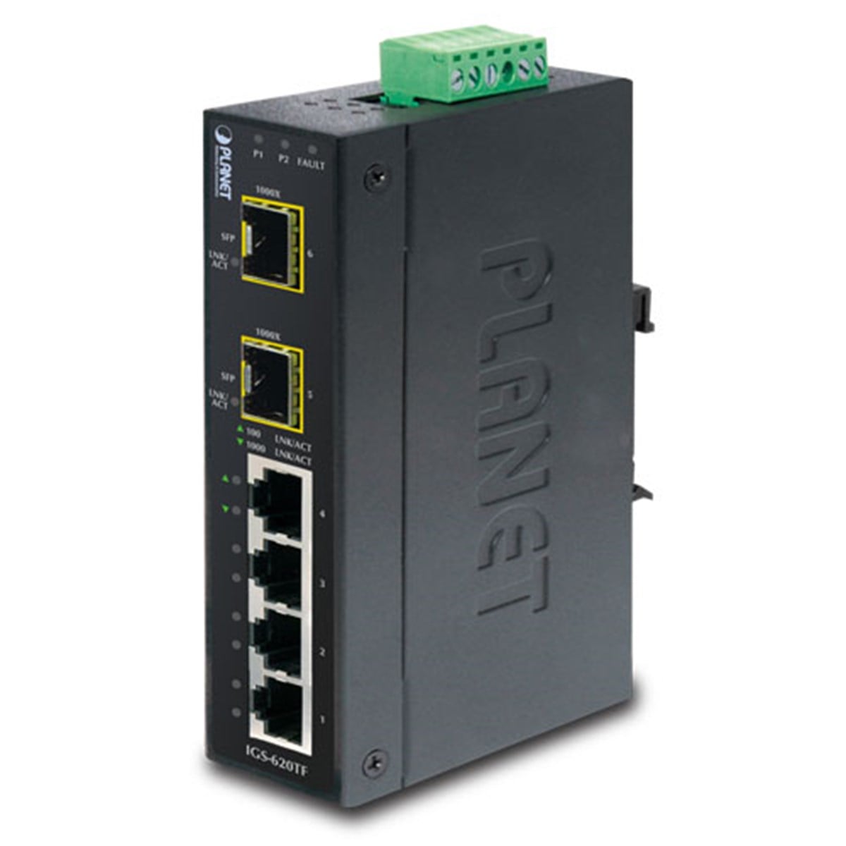 Endüstriyel Tip Yönetilemeyen Ethernet Switch (Industrial Unmanaged Ethernet Switch)<br>
4 x 10/100/1000Base-T<br>
2 x 1000BASE-SX/LX/BX SFP/mini-GBIC yuva (Port-5 ve Port-6), 100Base-FX SFP uyumlu<br>
IP30, -40~75 Derece C