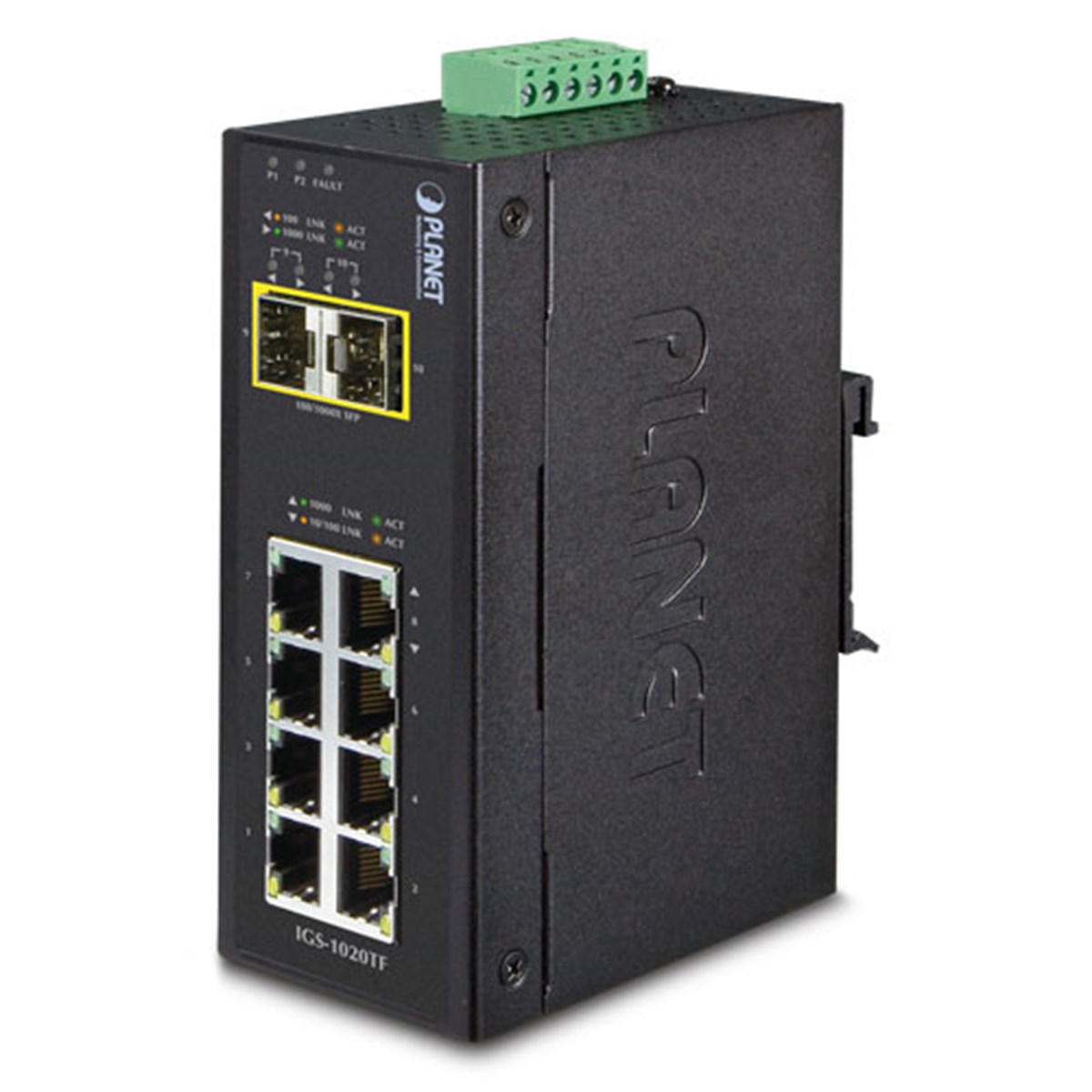 Endüstriyel Tip Yönetilemeyen Switch (Industrial Unmanaged Switch)<br>
8-Port 10/100/1000Mbps<br>
2 x 1000BASE-SX/LX/BX SFP/mini-GBIC yuva (Port-9 ve Port-10), 100Base-FX SFP uyumlu<br>
IP30, -40~75 Derece C