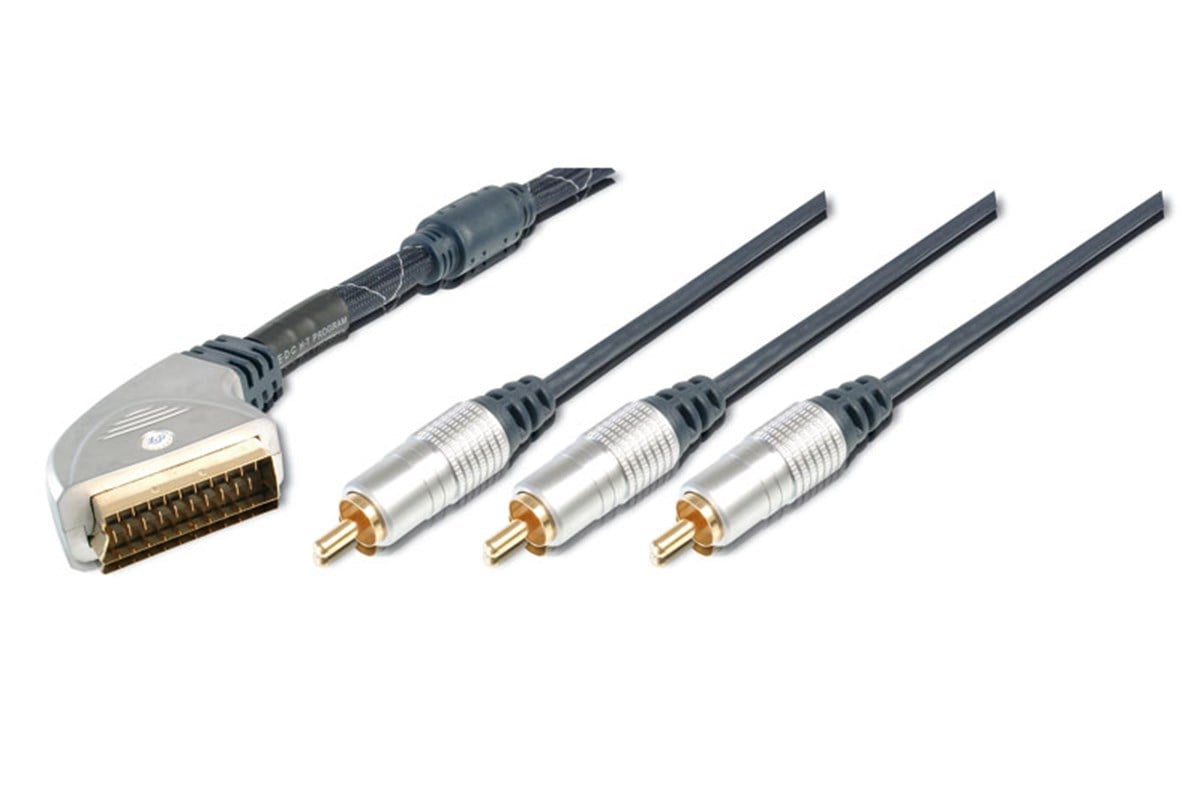 Ev Sinema Sistemleri İçin Yüksek Kaliteli Scart Kablosu, Scart 21 pin Erkek <=> 3 x RCA Erkek (1 x görüntü (video için) , 2 x ses (audio için), Ferrite Filtreli, 1.50 Metre