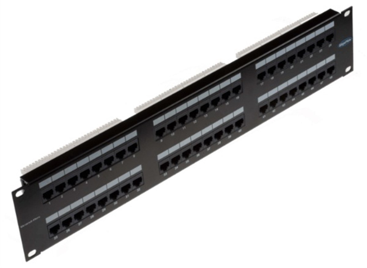GigaPlus 48 Port Cat 5e Patch Panel, Zırhsız/Ekransız (Unshielded), Universal IDC, siyah renk