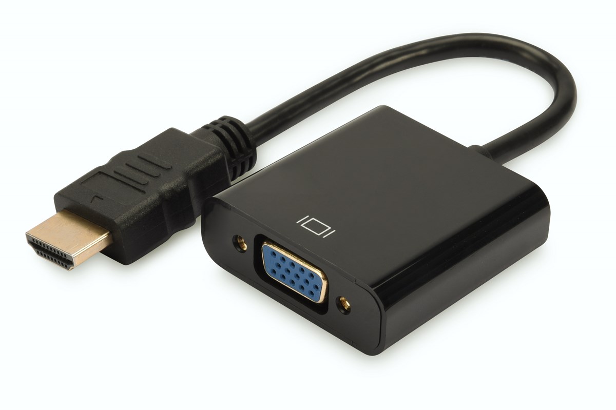Digitus HDMI <-> VGA Çevirici Adaptör, Giriş: HDMI A erkek, 3,5mm audio dişi, Çıkış: VGA dişi,  siyah renk