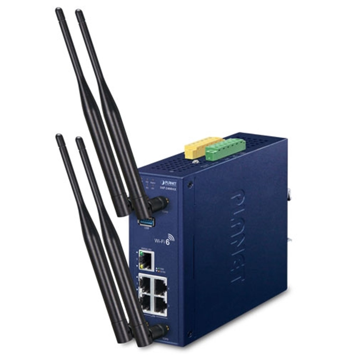 Endüstriyel 5GHz 802.11ax 2400Mbps Kablosuz Access Point<br>
4 x 10/100/1000BASE-T RJ45 LAN port (Port 1 ile Port 4 arası)<br>
1 x 10/100/1000BASE-T RJ45 WAN/LAN port (Port 5)<br>
2 x çift bant (2.4GHz/5GHz) RP-SMA konektör ve anten<b