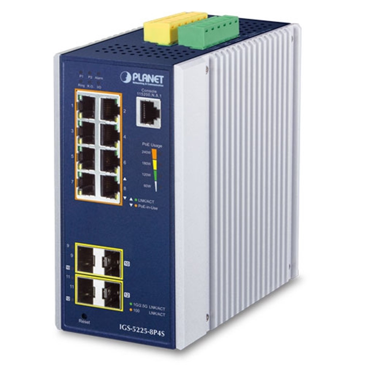 Endüstriyel Tip Yönetilebilir Gigabit PoE Switch (Industrial Managed Gigabit PoE Switch)<br>
Basic L3<br>
8 x 10/100/1000T 802.3at PoE+ Injector (Port-1 ile Port-8 arası) (Port başına 36 watt) (PoE Güç Bütçesi maks. 240 watt)<br>
2 x 100