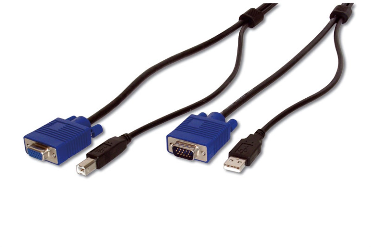 KVM (Keyboard/Video Monitor/Mouse) İçin Ahtapot Kablo, 3 metre, siyah renk, 1 x VGA HDDB15 Erkek, 1 x USB A Erkek (Klavye ve Mouse) <=>  1 x VGA HDDB15 Dişi, 1 x USB B Erkek (Klavye ve Mouse)