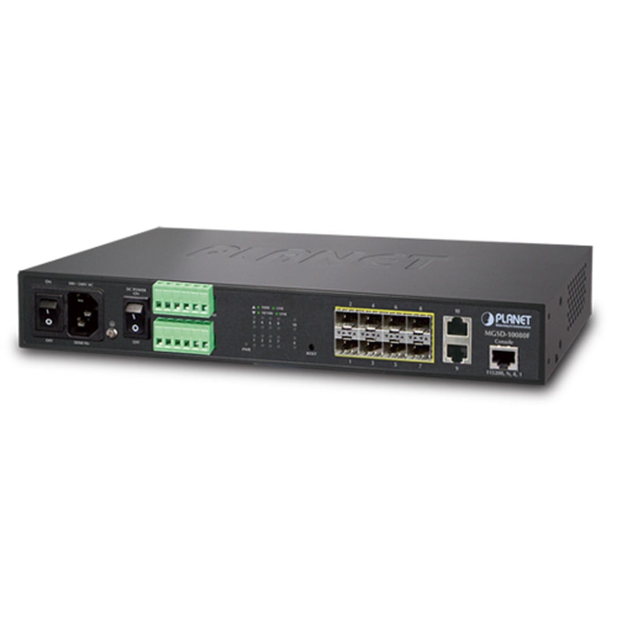 Managed Metro Ethernet Switch<br>
8-Port 1000BASE-SX/LX/BX SFP/mini-GBIC yuva (Port-1 ile Port-8 arası), 100Base-FX SFP uyumlu<br>
2-Port 10/100/1000Base-T<br>  
1 x Konsol port<br>
-10~60 Derece C