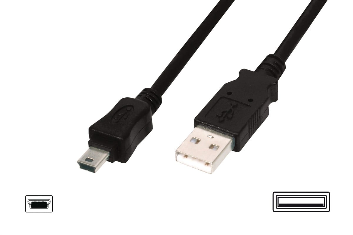 Digitus USB 2.0 bağlantı kablosu, A tipi - mini B (5pin) St/St, 3.0m, USB 2.0 uyumlu, siyah renk