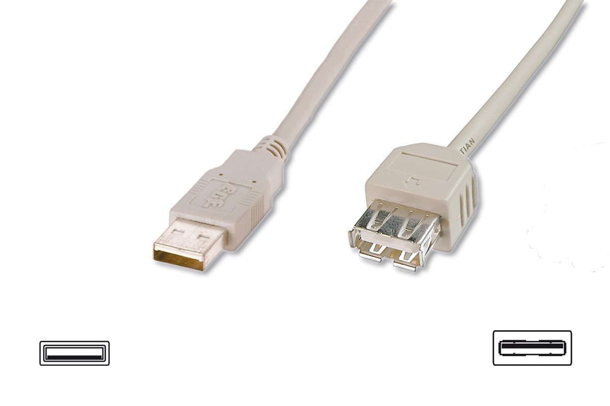 Digitus USB 2.0 Uzatma Kablosu, USB A, Erkek - USB A Dişi, AWG 28, 1.8 metre, USB 2.0 uyumlu, UL, bej renk