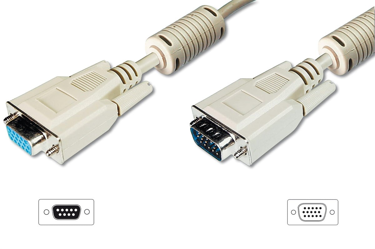 VGA Monitör Uzatma Kablosu, DSUB 15 erkek <=> DSUB 15 dişi, 3Coax/7C, 2 x ferrite filtre, AWG 28, 1.80 metre, bej renk