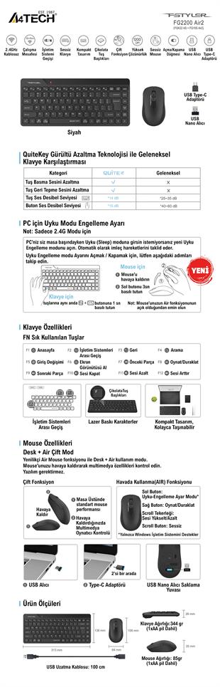 A4 TECH FG2200 AIR2 Q Türkçe Kablosuz Siyah Mini 1200dpi Klavye+ Mouse